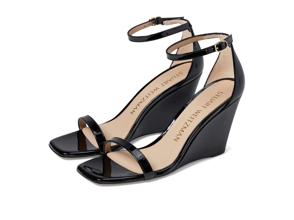 STUART WEITZMAN NUDISTCURVE 85 Wedge Black Leather Sandal 9 B